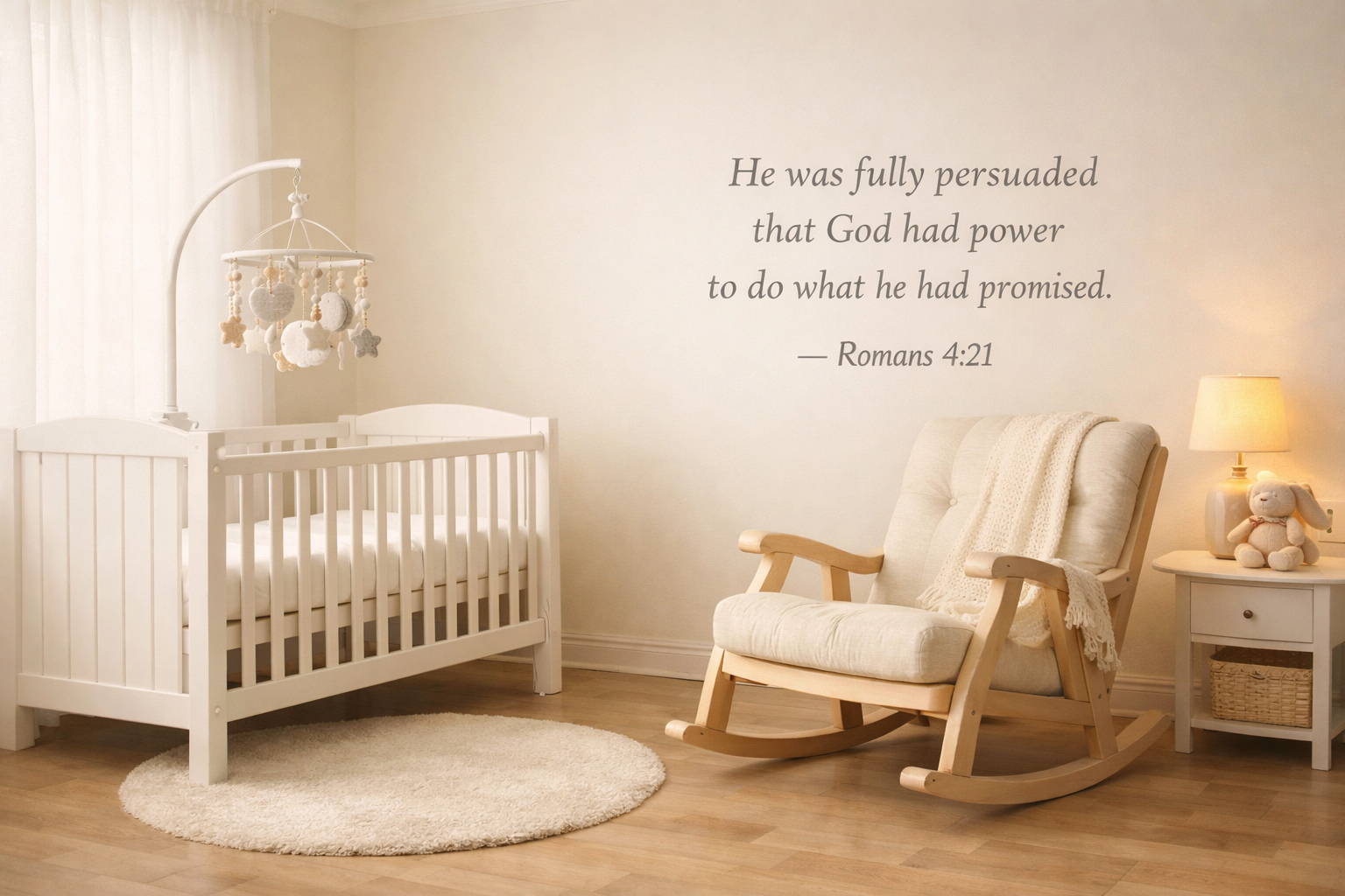 Empty nursery room with crib assembled and rocking chair waiting in soft pastel light with Romans 4:21 verse about being fully persuaded
